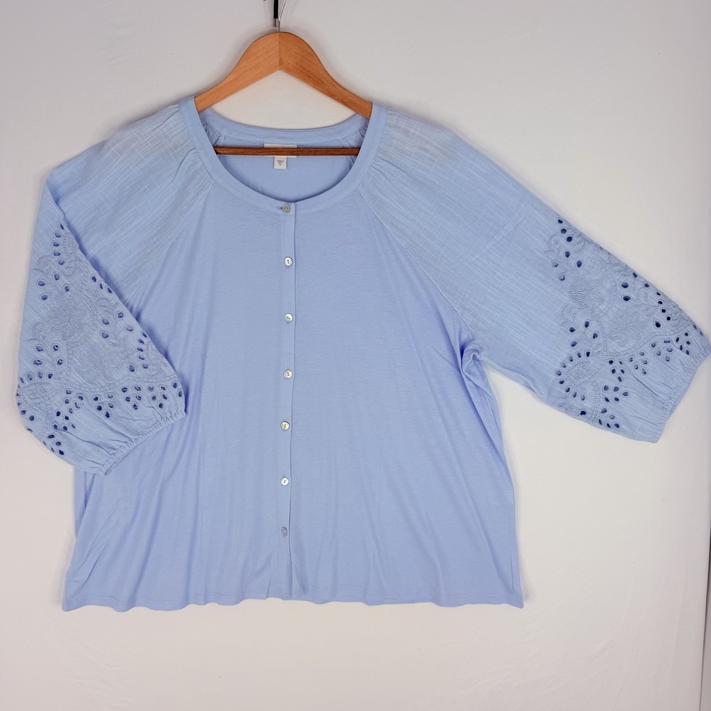 J. Jill Light Blue Button-Down Eyelet Sleeve Top